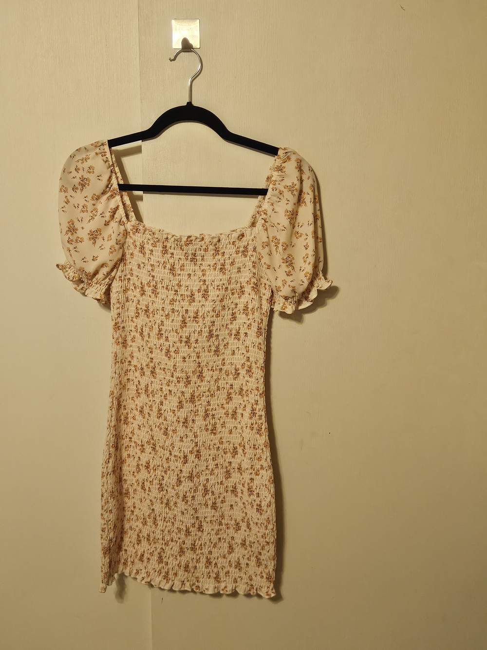 Smocked Square-Neck Mini Dress in Cream Floral